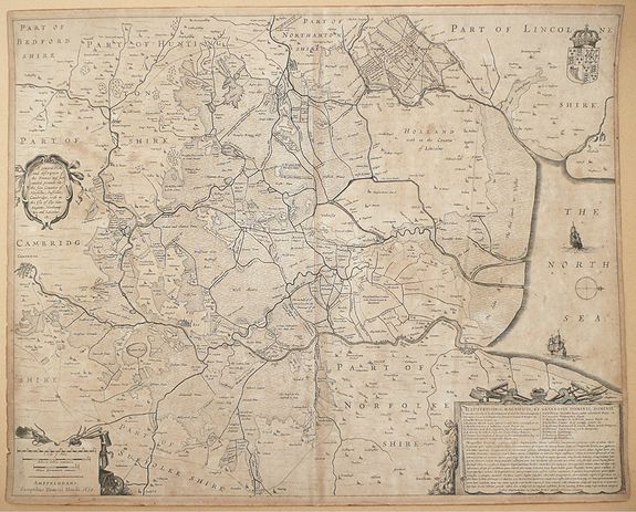 HONDIUS, H., A General Plott and Description of the Fennes and Surounded Grounds in the Sixe Counties of Norfolke, Suffolke, Cambridge, with in the Isle of Ely, Huntington, Northampton and Lincolne etc., antique map, old maps