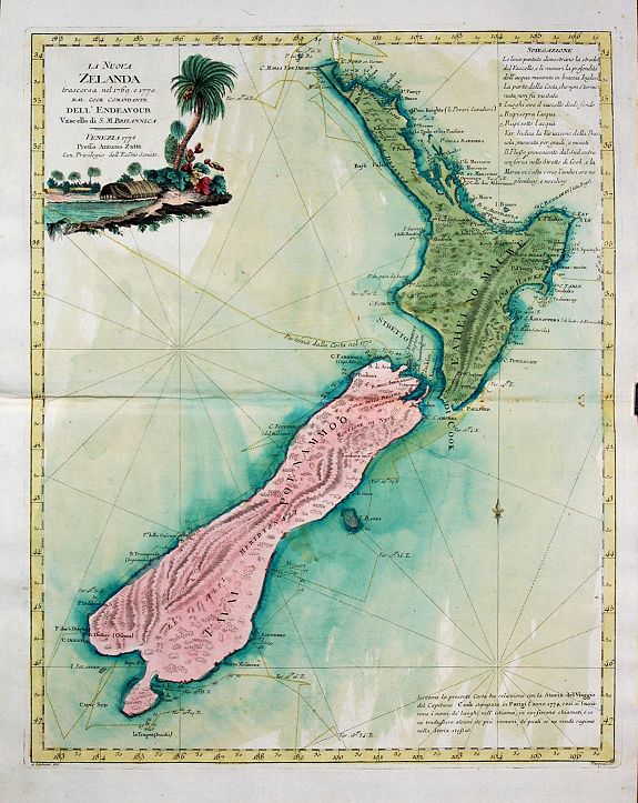 ZATTA, A., La Nuova Zelanda trascorsa nel 1769, e 1770 dal Cook Comandante dell'Endeavour.., antique map, old maps