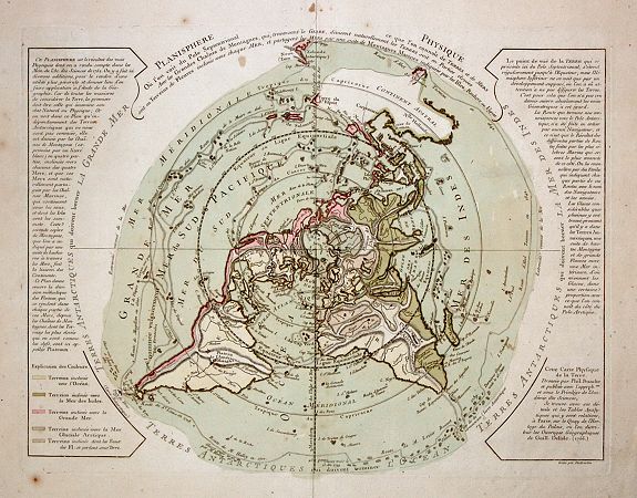 BUACHE, Philippe, Planisphere Physique Où l’on voit du Pole Septentrional ce que l’on connoît de Terres et de Mers. Avec les Grandes Chaînes de Montagnes, qui, traversant le Globe, divisent naturellement les Terres., antique map, old maps