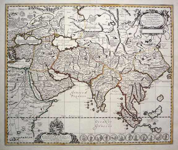 JANSSONIUS, J., Asia Antiqua Cum Finitimis Africae Et Europae Regionibus Nicolaus Blancardus Belga Leidensus, Ad Lucem Aevi Vereris Delineabat, antique map, old maps