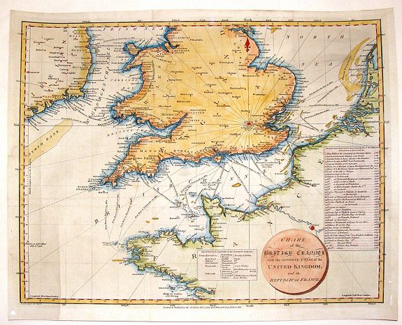 RUSSELL, J., Chart of the British Channel with the Opposite Coast of the United Kingdom and the Republic of France., antique map, old maps