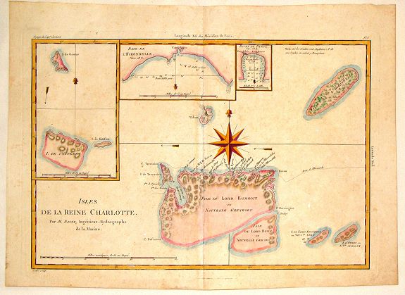 BONNE, R., Isles de la Reine Charlotte., antique map, old maps