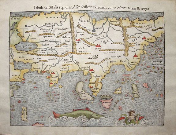 MÜNSTER, S., Tabula orientalis regionis, Asiae sciliset extremas complectens terras et regna., antique map, old maps