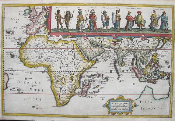 HONDIUS, J., Tabula geograph in qua Europaeae, Africaeae, Asiae aeq et circujacentium insularum oraeae maritimaeae accurate describuntur et ad jntelligentia navigationum Indicaru accommodantur, antique map, old maps