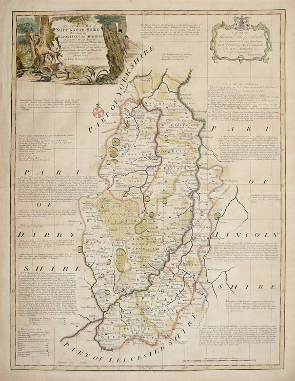BOWEN, E., An Accurate Map of Nottingham Shire Describing its Wapontakes and Divisions drawn from the best Authorities, assisted by the most approved Modern Maps, with various Improvements., by Emanuel Bowen Geographer to his late Majesty, antique map, old maps