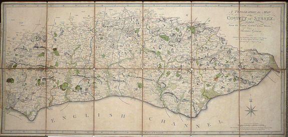 GREAM, Thomas., A Topographical Map of the County of Sussex Reduced from the Large survey in four sheets by Thomas Gream. . ., antique map, old maps