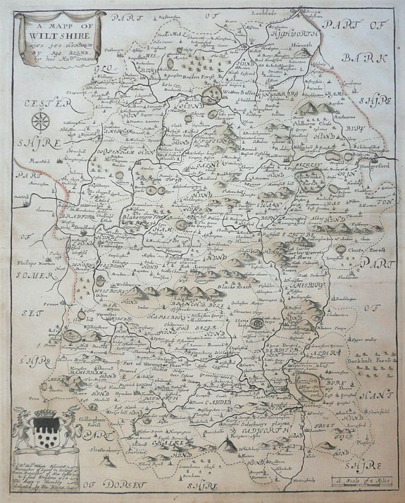 BLOME, Richard, A Mapp of Wiltshire with its Hundreds. . . (With a dedication to the Rt. Hon William Viscount Brouncker), antique map, old maps