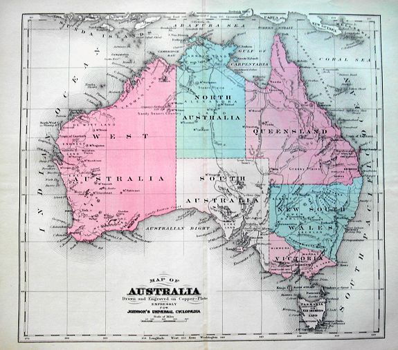 JOHNSON, A. J., Map of Australia Drawn and Engraved On Copper-Plate Expressly for Johnson's Universal Cyclopaedia., antique map, old maps