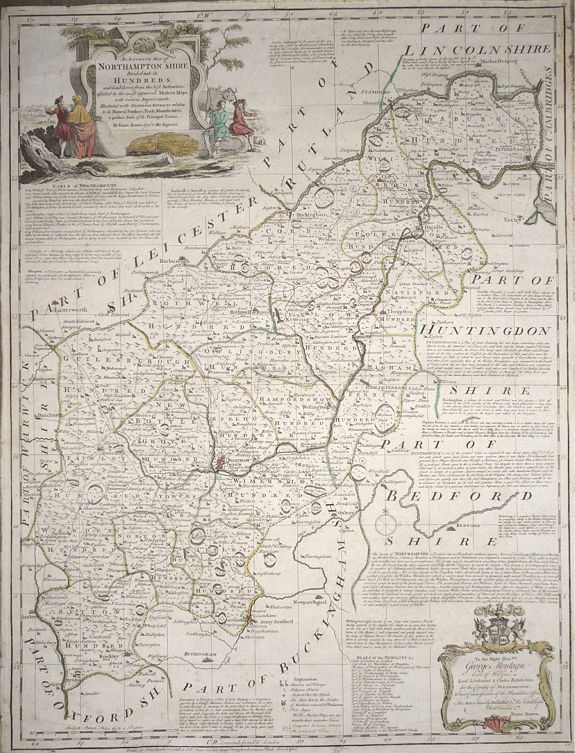 BOWEN, E., An accurate map of Northampton Shire divided into its hundreds : laid down from the best authorities, assisted by the most approved modern maps, with various improvements. . ., antique map, old maps