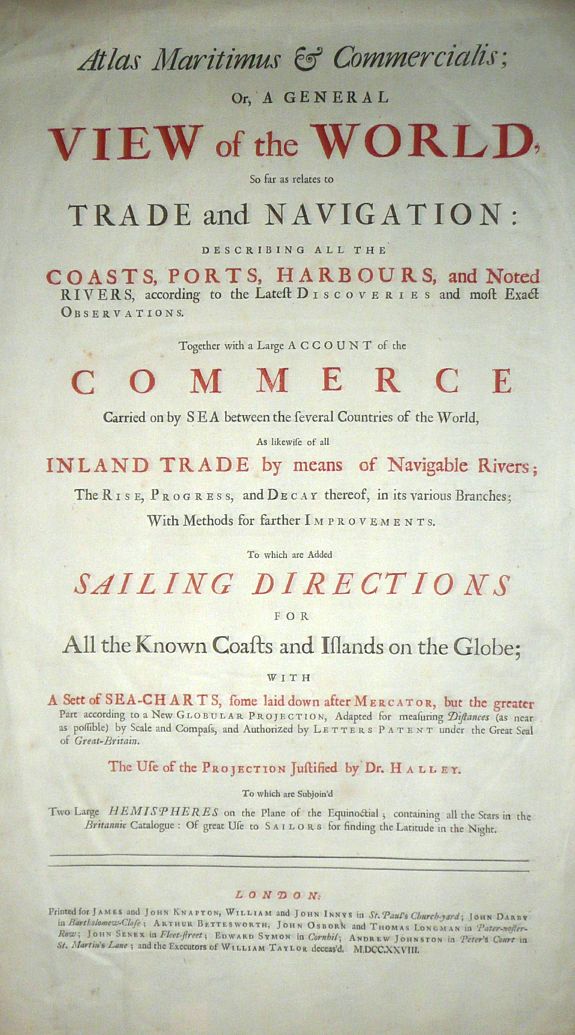 Nathaniel Cutler - Edmund Halley, (Title plate from) Atlas Maritimus & Commercials; or, A General View of the World, so far as relates to Trade and Navigation: MDCCXXVIII, antique map, old maps