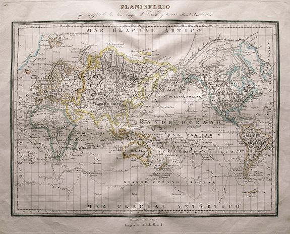 ALABERN, P., Planisferio que comprende los tres viajes de Cook y tierras ultim_te descubiertas., antique map, old maps