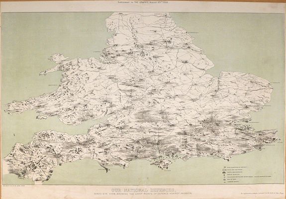 MACLURE & Co, Our National Defences Birds-Eye View, Showing the Chief Points of Defence against Invasion, Supplement to the Graphic August 25th 1888., antique map, old maps