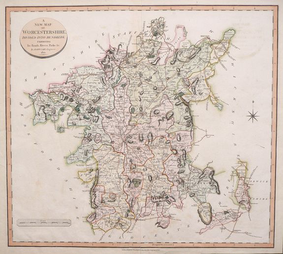 CARY, John, A New Map of Worcestershire, Divided into Hundreds, Exhibiting its Road, Rivers, Parks & by John Cary 1801., antique map, old maps