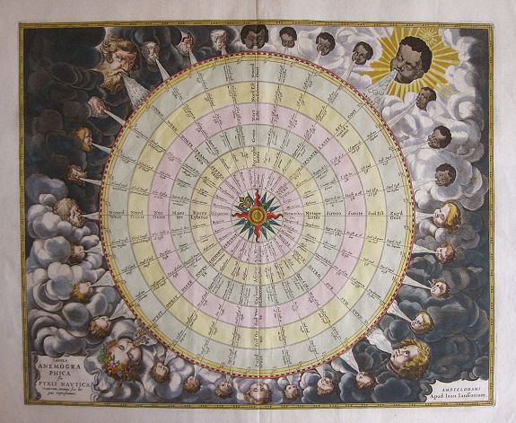 JANSSONIUS, J., Tabula ANEMOGRAPHICA seu Pyxis Nautica Ventorum nomina sex linguis representans., antique map, old maps
