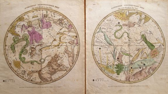 BURRITT, E., (2 charts) Northern Circumpolar Map for each Month in the Year & Southern Circumpolar Map for each Month . . ., antique map, old maps