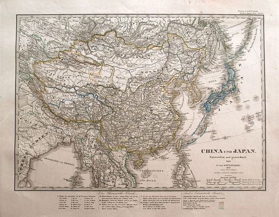 STIELER, A., China und Japan. Entworfen und gezeichnet von F. von Stülpnagel. 1850 bereicht v. Herm. Berghaus., antique map, old maps