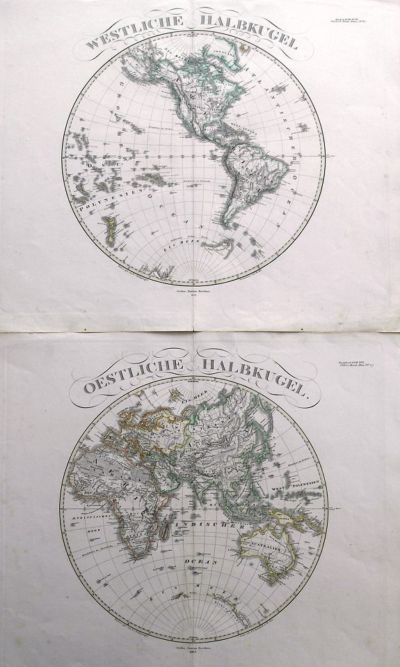 STIELER, A., (2 maps) Westliche Halbkugel & Oestliche Halbkugel., antique map, old maps