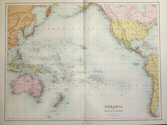 BARTHOLOMEW, J., Oceania and Pacific Ocean., antique map, old maps