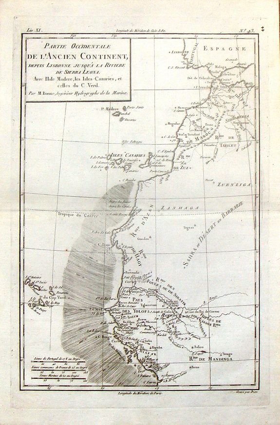 BONNE, R., Partie Occidentale de L'Ancien Continent depuis Lisbonne Jusqu'a la Riviere de Sierra Leona., antique map, old maps