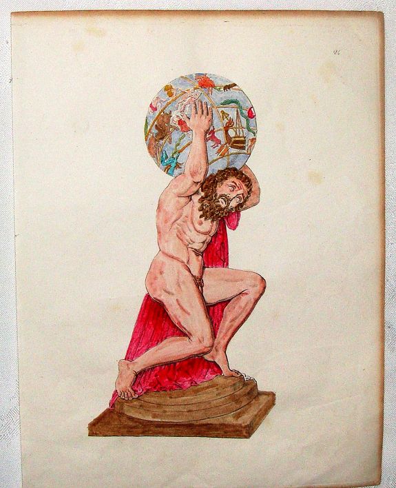 UNKOWN, Hand-Colored Copper Engraving of Atlas With World On Shoulders., antique map, old maps