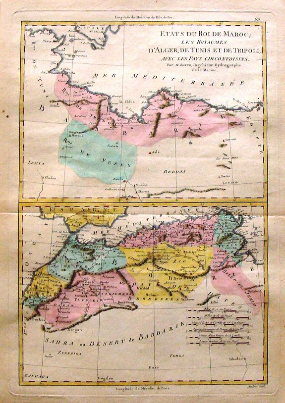BONNE, R., Etats du Roi de Maroc & Sahra ou Desert de Barbarie, antique map, old maps