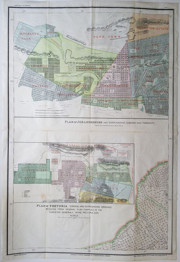 STANFORD, E, JEPPE'S MAP OF THE TRANSVAAL OR SOUTH AFRICAN REPUBLIC & SURROUNDING TERRITORIES - Sheet 1 - Plan of Johannesburg and Pretoria, antique map, old maps