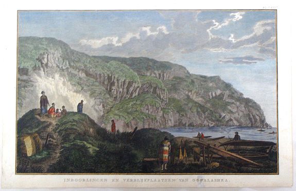 COOK, J., Captain Cook's Inboorlingen en Verblijfplaatsen Van Oonalashka., antique map, old maps