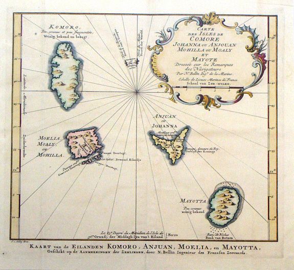 BELLIN, N., Carte des Isles de Johanna ou Anjouan Mohilla ou Moaly et Mauote., antique map, old maps