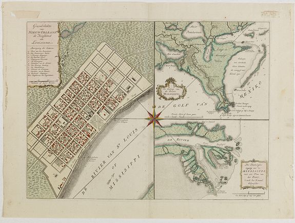 TIRION, I., Grondvlakte van Nieuw Orleans, de Hoosdstad van Louisiana / De Uitloop van de Rivier Missisippi / De oostelyke Ingang van de Missisippi, met een Plan van het Fort, 't Welk het Kanaal Beheerscht, antique map, old maps