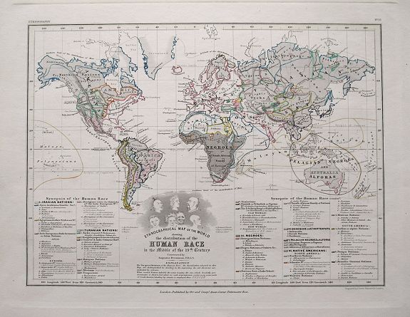PETERMANN, A., Ethnographical map of the World showing the distribution of the Human race in the middle of the 19th century..., antique map, old maps