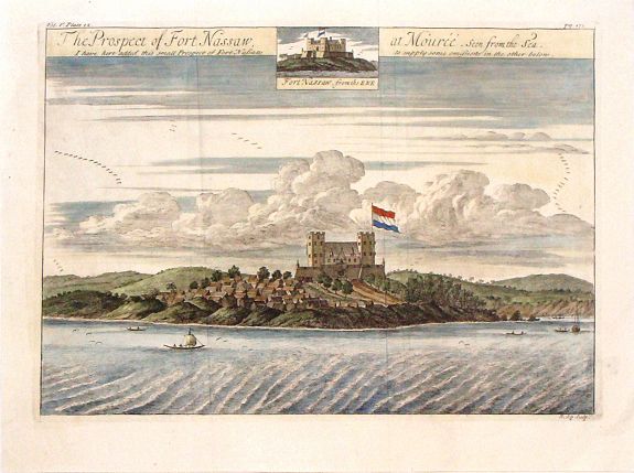 KIP, J., The Prospect of Fort Nassaw at Mouree, Seen from the Sea., antique map, old maps