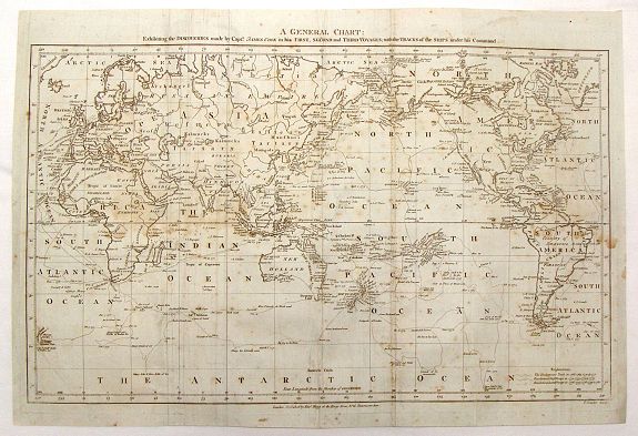 CONDER, T., A New General Chart: Exhibiting the Discoveries made by Capt'n James Cook in His First, Second and Third Voyages; with the Tracks of the Ships Under His Command, antique map, old maps