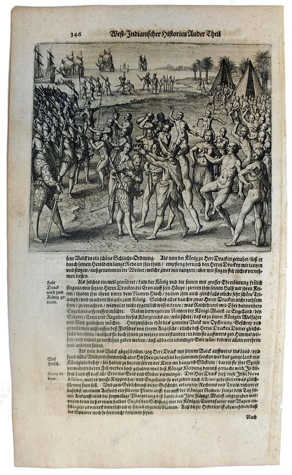 MERIAN, M., Sir Francis Drake crowned King of California., antique map, old maps