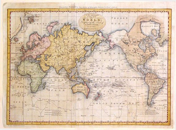 BOWEN, T., A New and Complete Chart of the World; Displaying the Tracks of Captain Cook adn Other Modern Navigators., antique map, old maps