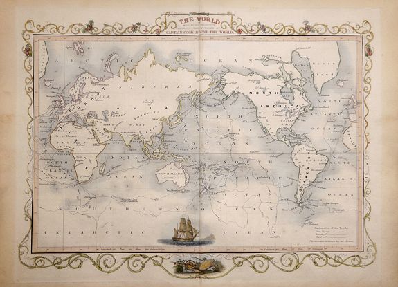 TALLIS, John, The World on Mercators Projection Shewing the Voyages of Captain Cook Round the World., antique map, old maps