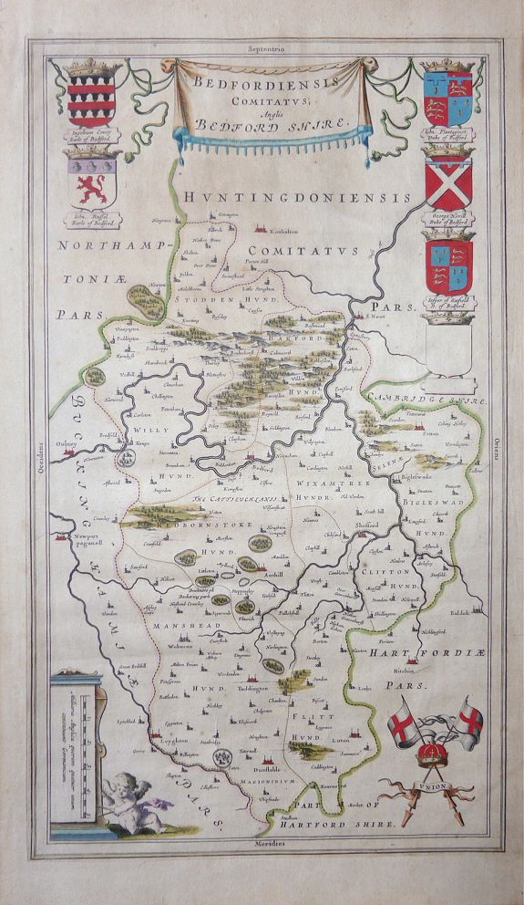 BLAEU, Johannes, Bedfordiensis Comitatus, Anglis Bedford Shire., antique map, old maps