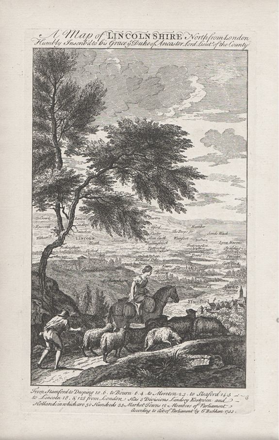 George Bickham, A Map of Lincolnshire North from London Humbly Inscribed to His Grace ye Duke of Ancaster Lord Lieutenant of the County , antique map, old maps