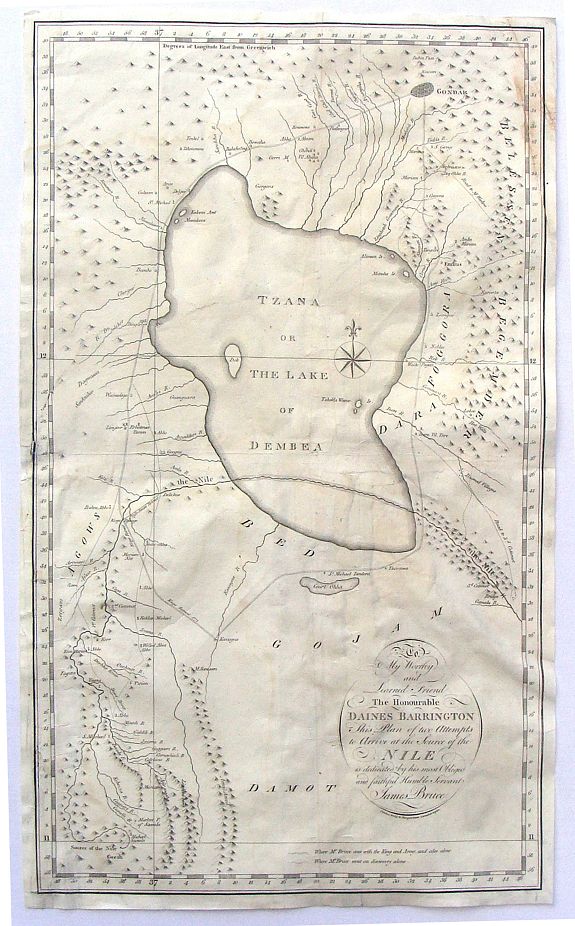 BRUCE, J., To My Worthy and Learned Friend the Honourable Daines Barrington This Plan of two Attempts to Arrive at the Source of the Nile is dedicated by his most Obliged and faithful Humble Servant James Bruce. , antique map, old maps