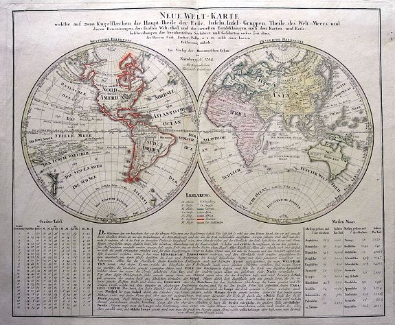 HOMANN HEIRS, Neue Welt=Karte Welche auf zwoo Kugelflaechen die Haupt=Theile der Erde…, antique map, old maps