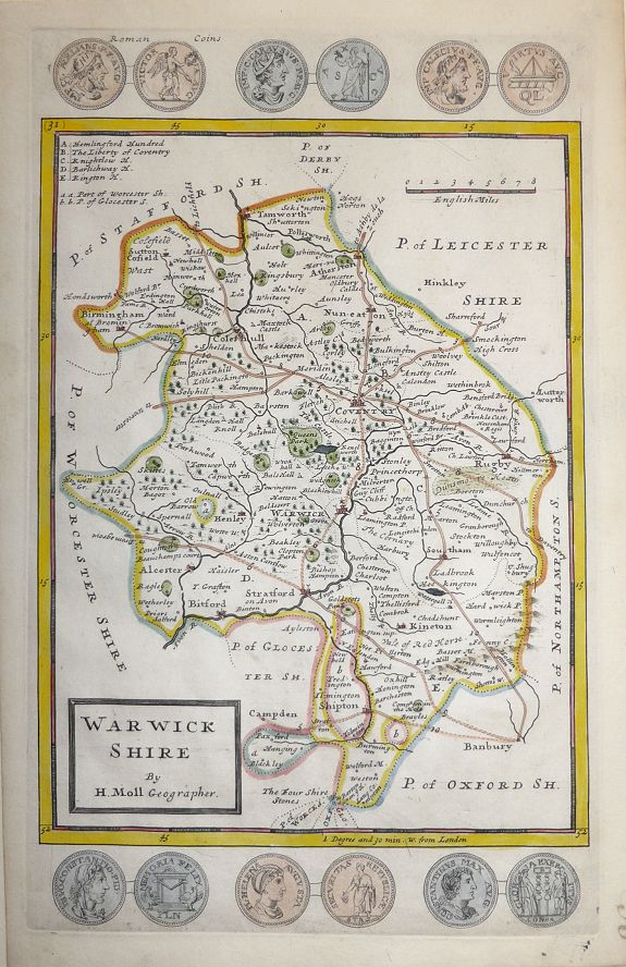Herman Moll, Warwick Shire by H. Moll Geographer, antique map, old maps