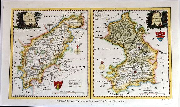 CONDER, T., A New Map of Northhamptonshire & Cambridgeshire Drawn from the latest Authorities (Two maps on one page), antique map, old maps