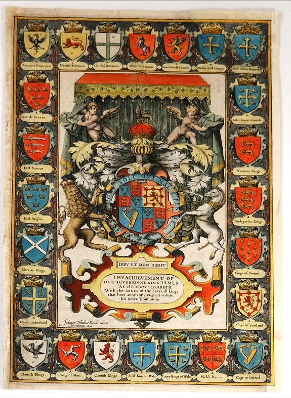 HONDIUS, J./SPEED, J., The Achievement of Our Soveraigne King James as he Nowe Beareth With the Armes of Severall kings that have aunciently raigned within his nowe Dominions, antique map, old maps