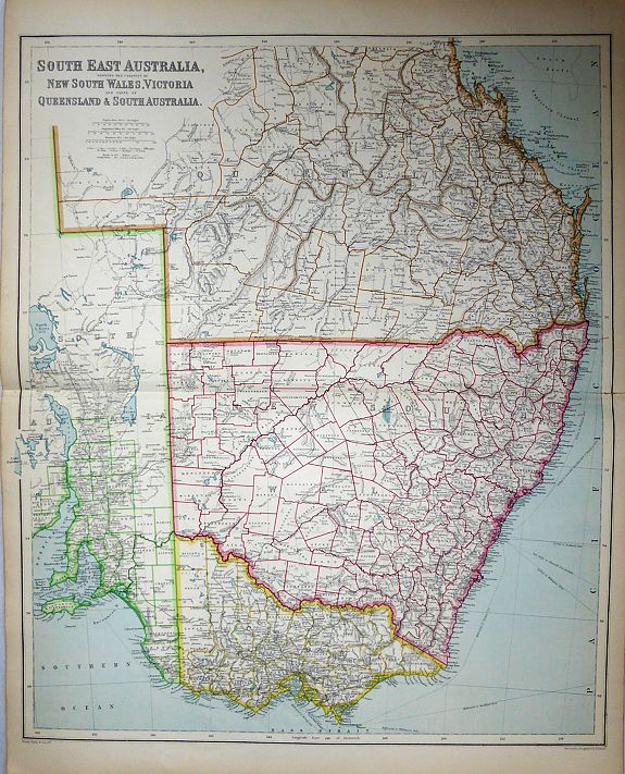 George Philip & Son., South East Australia, Showing the Colonies of New South Wales, Victoria, Queensland, & South Australia. , antique map, old maps