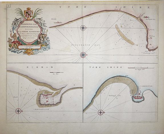 Captain Greenville Collins., Burlington Bay, Scarbrough & Hartlepoole - To Capt. Ralph Sanderson this chart is dedicated and presented by Capt. Greenvile Collins, Hydrogr. to the King, antique map, old maps