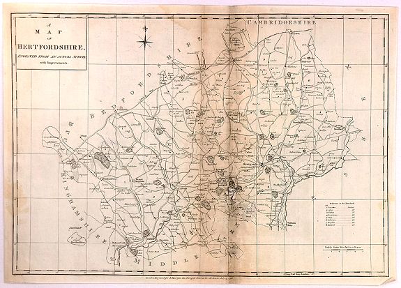 HARRISON, J.,, A Map of Hertfordshire, Engraved from an Actual Survey, with Improvements., antique map, old maps