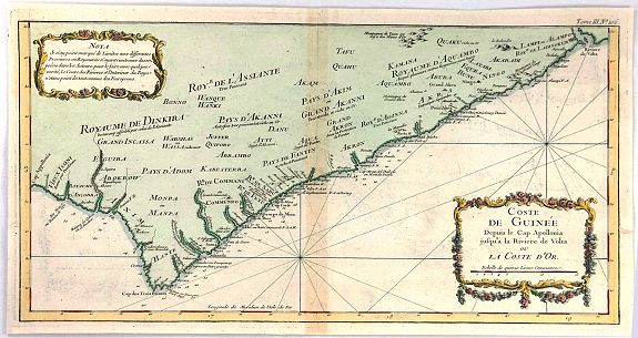 BELLIN, J., Coste de Guinee Depuis le Cap Apollonia Jusqu’a la Riviere de Volta ou La Coste d’Or., antique map, old maps