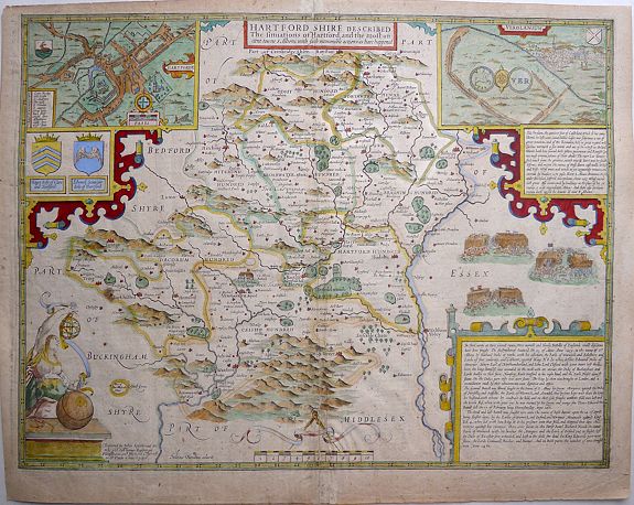 SPEED, John, HARTFORD SHIRE DESCRIBED The sittuations of Hartford, and the most an:cient towne S Albons with such memorable actions as have happened., antique map, old maps