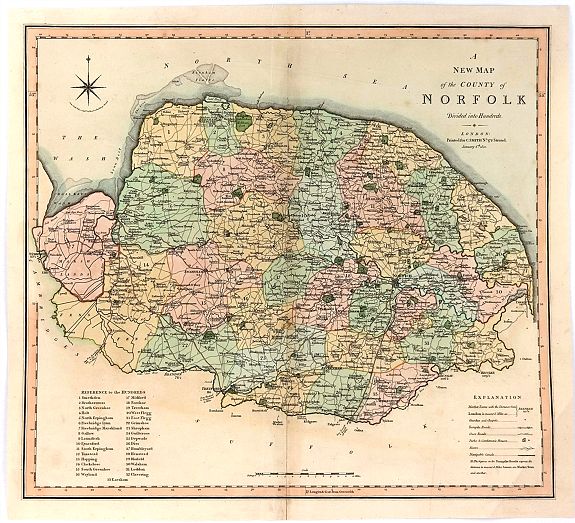 SMITH, C., A New Map of the County of Norfolk Divided into Hundreds., antique map, old maps