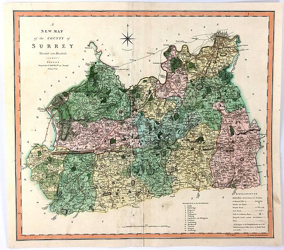 SMITH, C., A New Map of the County of Surrey Divided Into Hundreds, antique map, old maps
