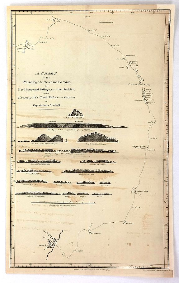 MARSHALL, J., A chart of the Track of the Scarborough, on Her Homeward Passage, from Port Jackson, on the E. Coast of New South Wales, towards China; by Captain John Marshall, antique map, old maps